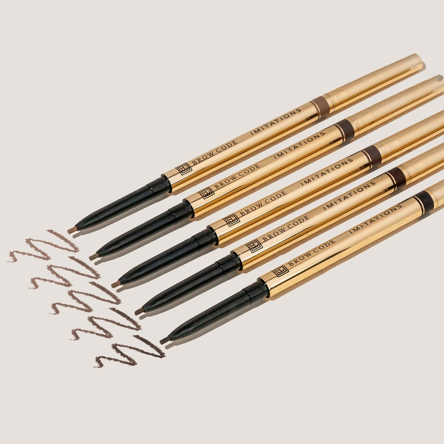 Group shot of all pencils with colour swatches
